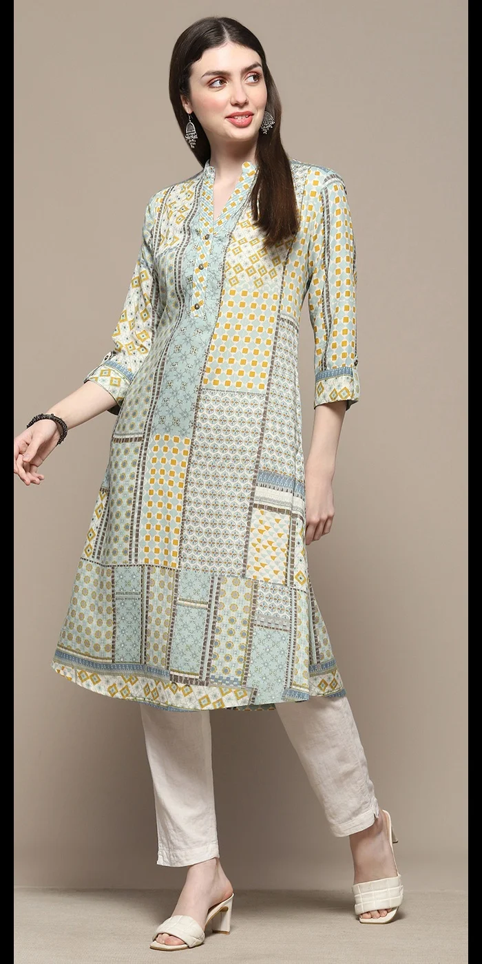Biba Teal Rayon Straight Kurta