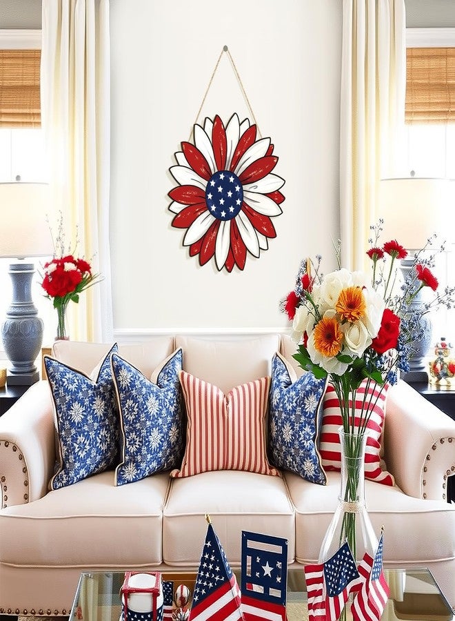 Sophena Wooden 4th of July Decoration Door Wreath for Front Door Sign Star Wall Signs, Independence Day Patriotic Day Wreath Welcome Memorial Day Hanging for Home Wall Decor Party Outdoor Indoor Flower - Image 4