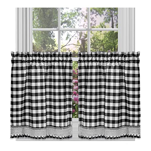 Achim Buffalo Check Tier Pair Window Curtain Set - 58 Inch Width, 24 Inch Length - Black & White Plaid Drapes - Light Filtering Drapes for Kitchen, Bedroom, Living & Dining Room by Achim Home Decor - Image 1