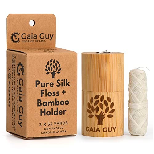 Gaia Guy Natural Unflavored Silk Dental Floss with Floss Refill & Reusable Bamboo Holder | 2 x 33yds Compostable Pure Silk Waxed with Candelilla Wax | Plastic-Free Packaging - Image 1