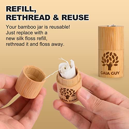 Gaia Guy Natural Unflavored Silk Dental Floss with Floss Refill & Reusable Bamboo Holder | 2 x 33yds Compostable Pure Silk Waxed with Candelilla Wax | Plastic-Free Packaging - Image 5