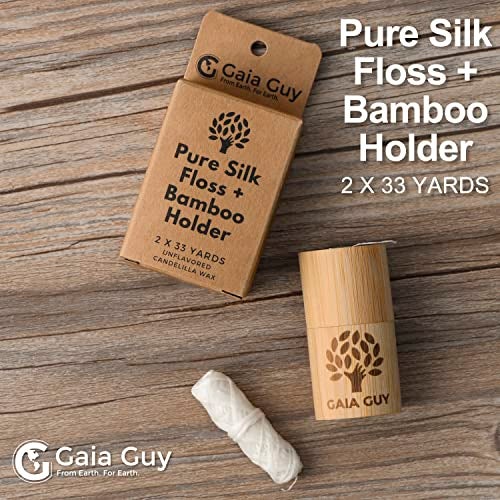 Gaia Guy Natural Unflavored Silk Dental Floss with Floss Refill & Reusable Bamboo Holder | 2 x 33yds Compostable Pure Silk Waxed with Candelilla Wax | Plastic-Free Packaging - Image 2