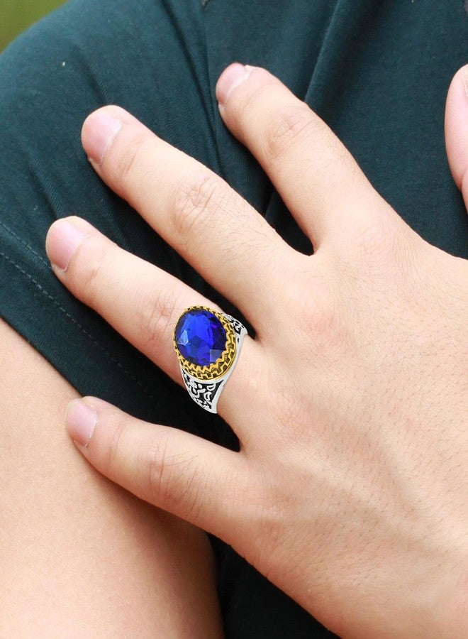 morir Stainless Steel Antique Finish Dual Tone Oval Shape Onyx Stone Handcrafted Fashion Jewelry Finger Ring For Men Boys (Blue) - Image 3