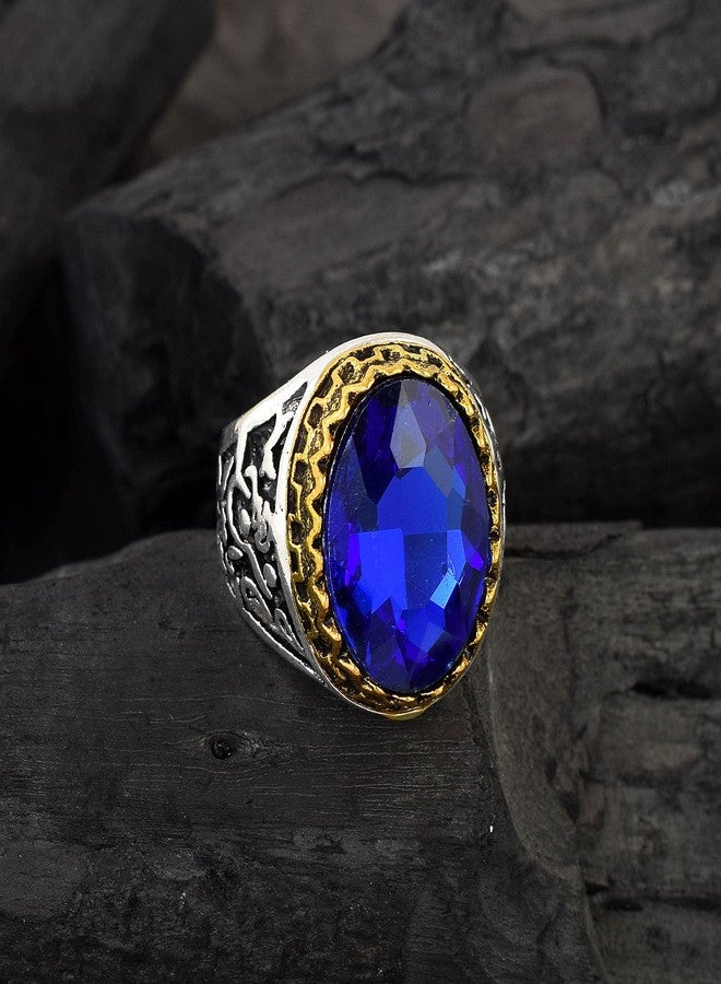 morir Stainless Steel Antique Finish Dual Tone Oval Shape Onyx Stone Handcrafted Fashion Jewelry Finger Ring For Men Boys (Blue) - Image 4