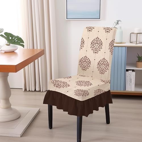 BRIDA Stretchable Floral Geometric Printed Dining Chair Covers Frill Skirt Elastic Chair Seat Case Protector, Slipcovers (4 Chair Cover, Damask Beige) - Image 2