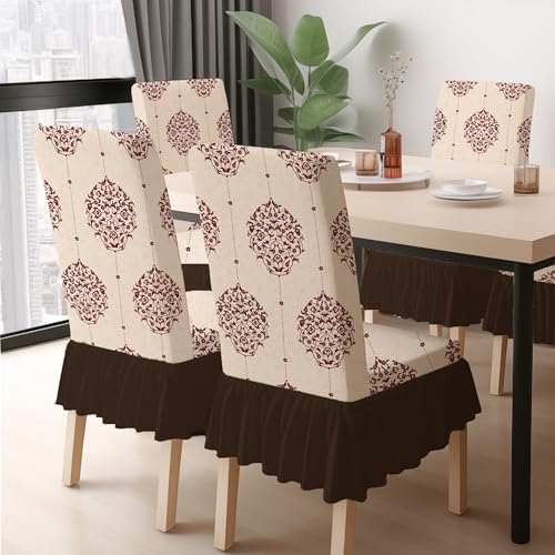 BRIDA Stretchable Floral Geometric Printed Dining Chair Covers Frill Skirt Elastic Chair Seat Case Protector, Slipcovers (4 Chair Cover, Damask Beige) - Image 1