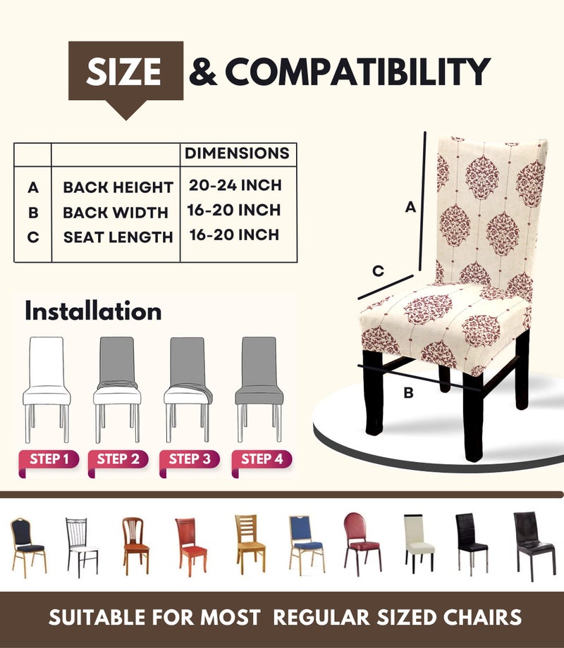 BRIDA Stretchable Floral Geometric Printed Dining Chair Covers Frill Skirt Elastic Chair Seat Case Protector, Slipcovers (4 Chair Cover, Damask Beige) - Image 5