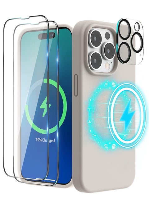 (4 in 1 iPhone 14 Pro MAX Case (6.7 inch 2022), Compatible with Mag Safe  with 2 Screen Protector + 1 Camera Protector Silicone Case for iPhone 14 Pro MAX (Stone)