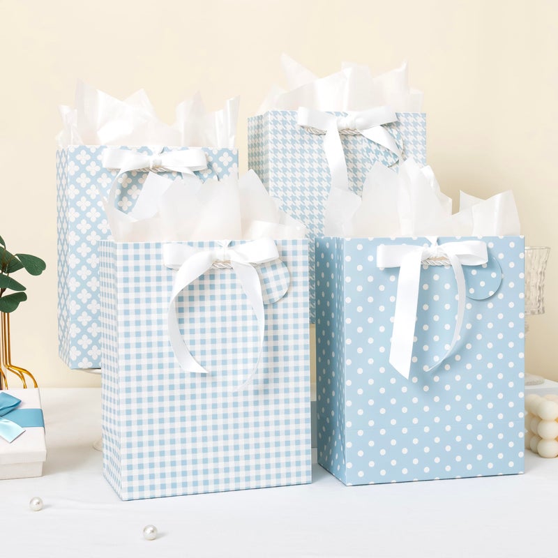 Crisky Blue Gift Bags Medium Size with Handles, Tissue Paper & Ribbon - 4 Pack 9"- Medium Gift Bags for Women Birthday Christmas Wedding Bridal Shower Graduation & New Year Gifts - Image 3