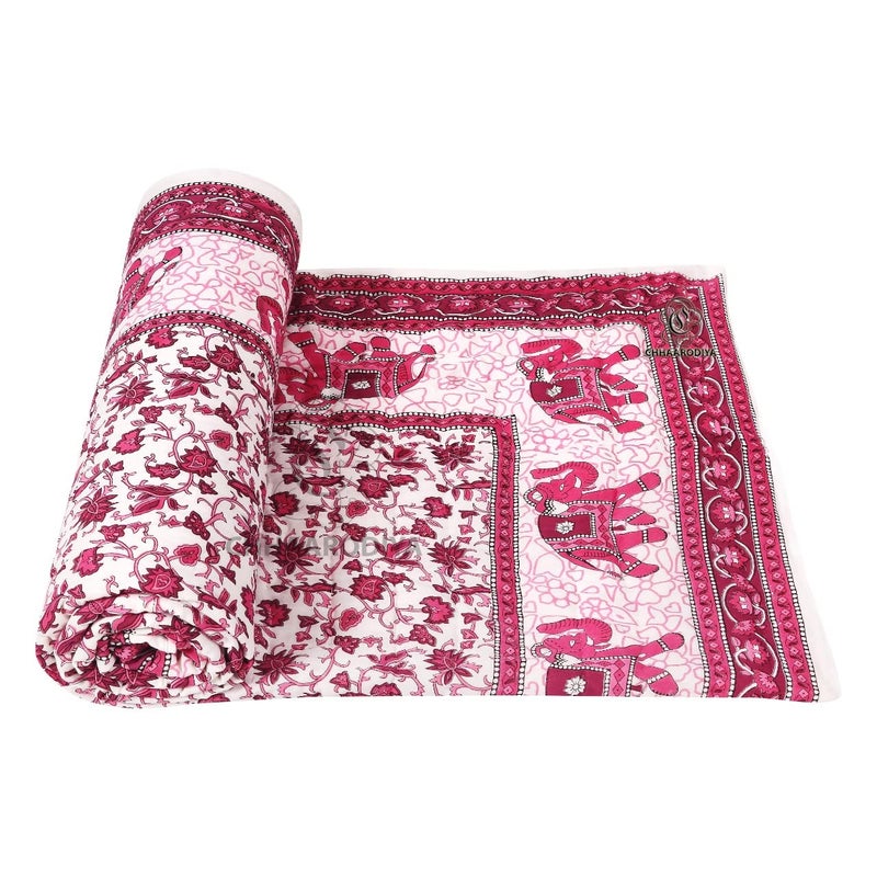 Lilfly Rajasthani Light Weight Reversible Both Side use Single Bed Pink Floral with elephent Boarder Soft Jaipuri AC Quilt/Razai Designer Cotton Quilts (Size 55X85 inch)