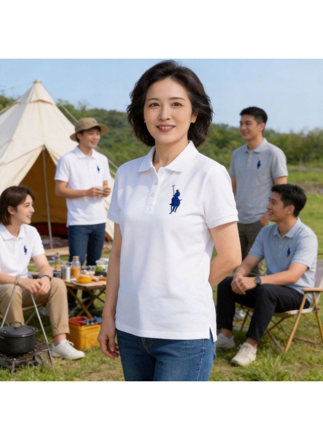 Age-reducing Short-sleeved T-shirt For Women, Pure Cotton Company Workwear, Turn-collar Polo Shirt With Logo Printing Polo Shirt Collar