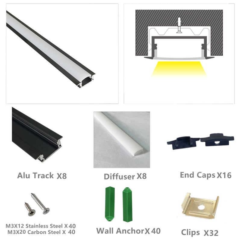 THMOOTHER Recessed LED Strip Black Channel Diffuser 8-Pack 6.56FT,23.5X7MM LED Tape Aluminum Track with Flange,Flush Mounted Wardrobe Bookcase Wine Cabinet Groove Low Profile (6.56FT, Black, 8) - Image 3