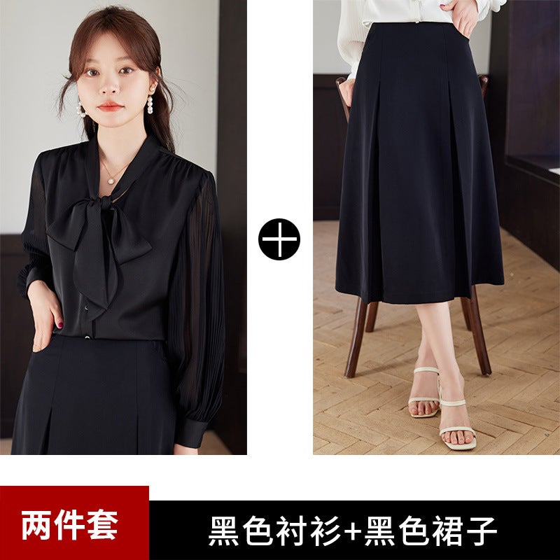 Bow professional white shirt womens 2024 spring new style floating long sleeve loose western style chiffon top black shirt black skirt