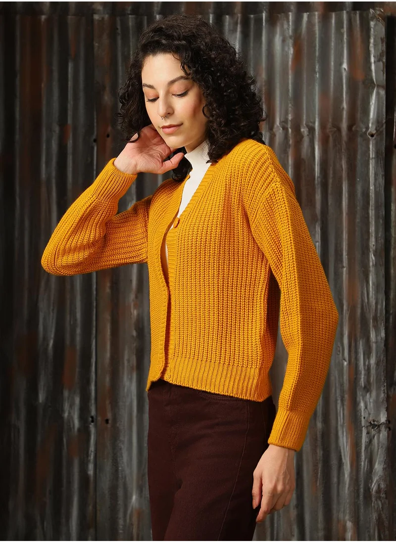 هاي ستار Women's Golden Yellow 100% Acrylic Solid Regular Fit Sweater