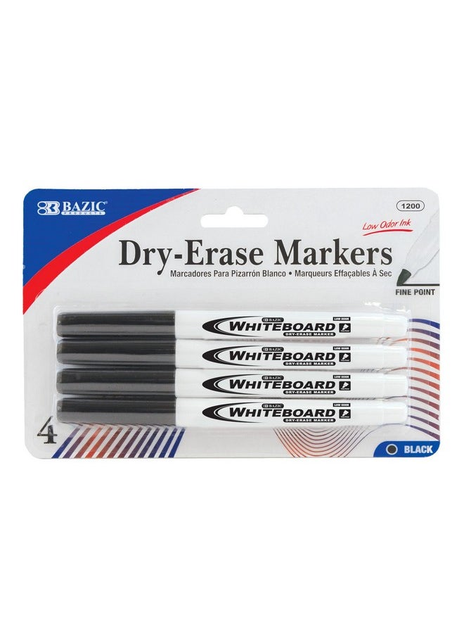 بازيك بروداكتس قلم تحديد Bazic Dry Erase Marker أسود بطرف رفيع، قلم تحديد للسبورة البيضاء، أقلام تحديد منخفضة الرائحة للسبورة البيضاء للمستلزمات المدرسية المكتبية (4/عبوة)، عبوة واحدة  - Image 1