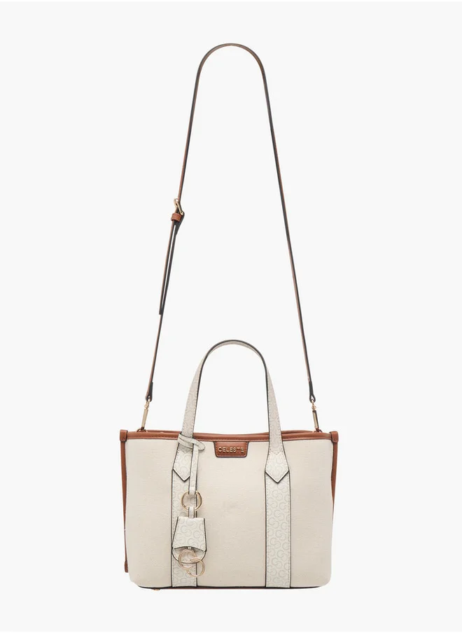 Celeste Women's Monogram Textured Tote Bag with Double Handles and Detachable Strap