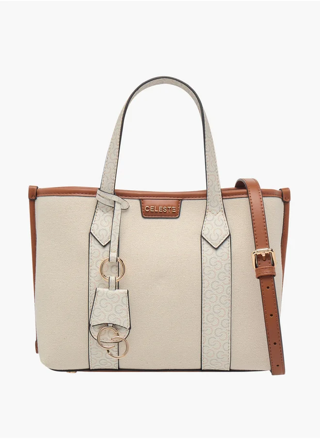 Celeste Women's Monogram Textured Tote Bag with Double Handles and Detachable Strap