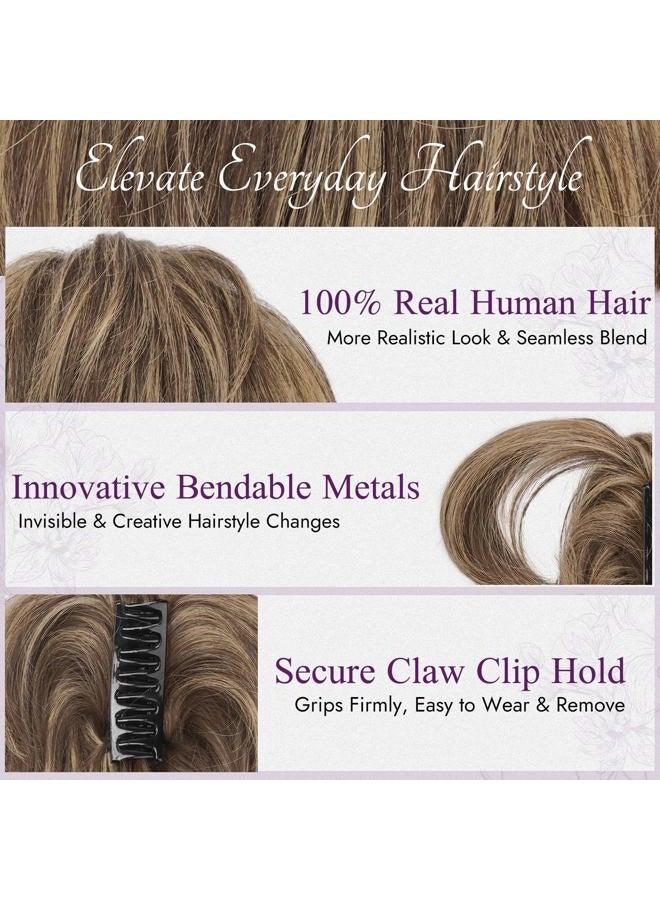 BARSDAR Short Hairpiece with Claws Clips and Flexible Wires, DIY 20 cm Real Human Hair Medium Brown Blonde Messy Bun Ponytail Hairpieces for Women Thick Natural Real Hair Ponytail - Image 4