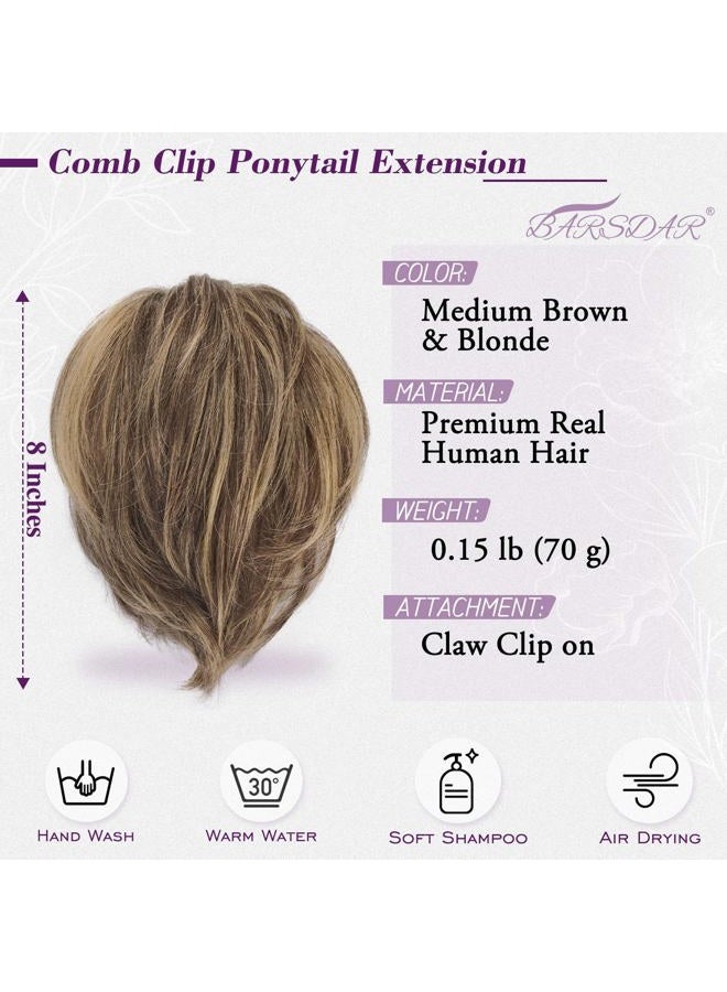 BARSDAR Short Hairpiece with Claws Clips and Flexible Wires, DIY 20 cm Real Human Hair Medium Brown Blonde Messy Bun Ponytail Hairpieces for Women Thick Natural Real Hair Ponytail - Image 2