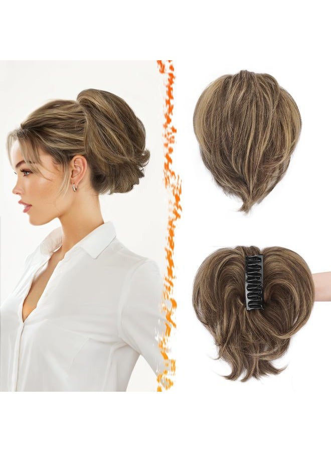 BARSDAR Short Hairpiece with Claws Clips and Flexible Wires, DIY 20 cm Real Human Hair Medium Brown Blonde Messy Bun Ponytail Hairpieces for Women Thick Natural Real Hair Ponytail - Image 1