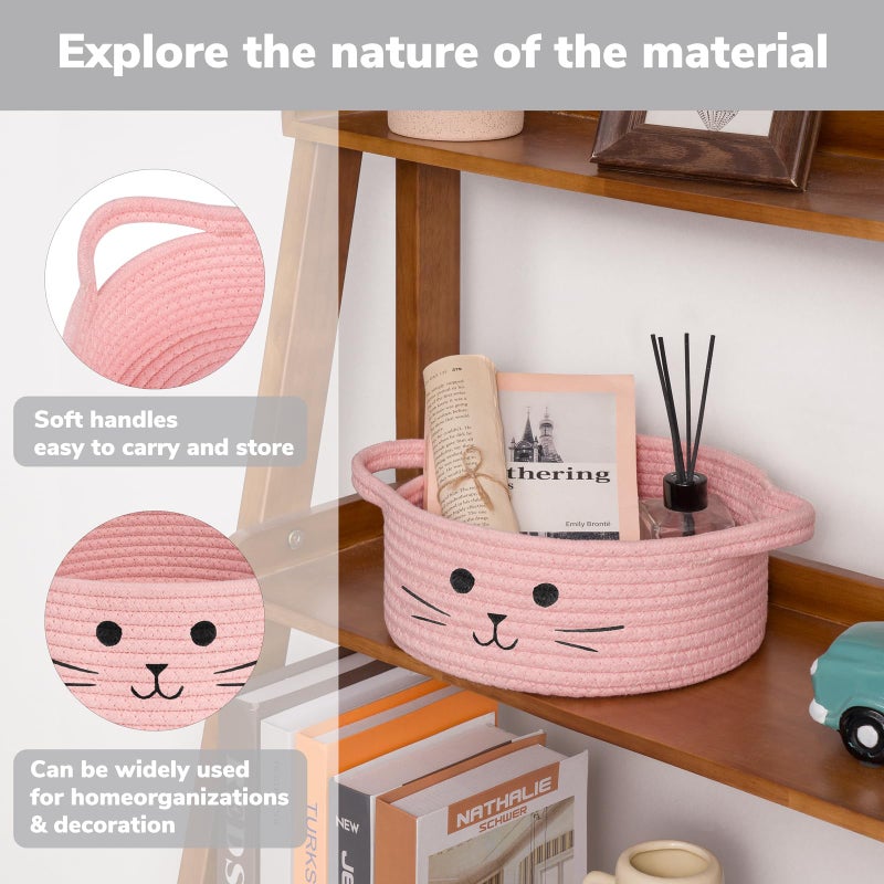 HiChen Small Rope Basket, Pink Cute Cat Toy Basket for Living Room, Gift Baskets Empty for Living Room, Decorative woven Baskets for Nursery, Baby Organizing & Towel Storage, 9.8 x 4 inches - Image 4