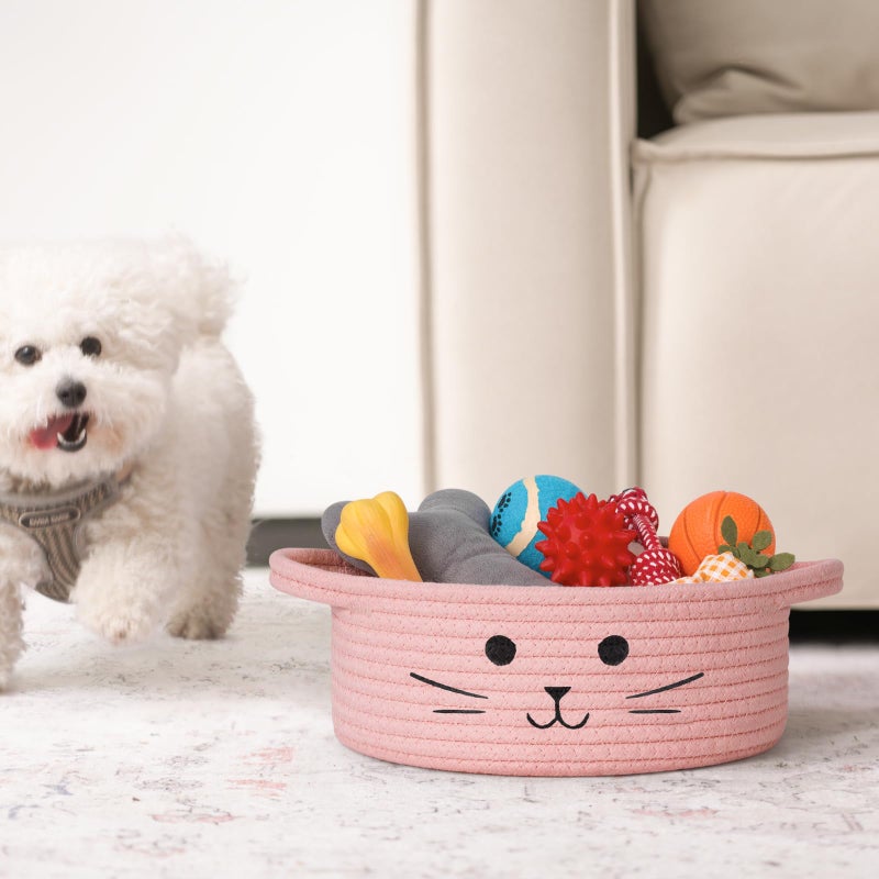 HiChen Small Rope Basket, Pink Cute Cat Toy Basket for Living Room, Gift Baskets Empty for Living Room, Decorative woven Baskets for Nursery, Baby Organizing & Towel Storage, 9.8 x 4 inches - Image 5