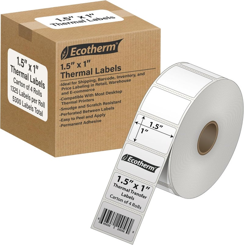 Ecotherm 1.5" x 1" Thermal Labels | 4 Rolls | 5300 Labels | fits Zebra, Godex, Arkscan, iDPRT, Offnova Thermal Label Printers and More | Blank White Adhesive Stickers by - Image 1