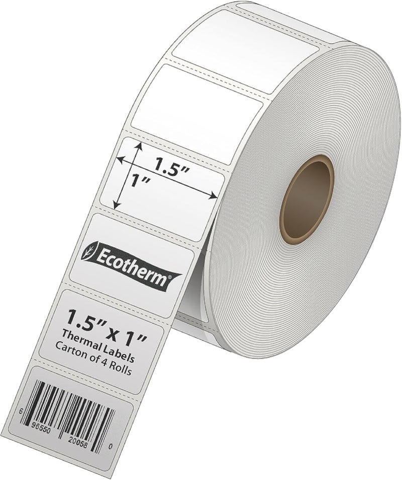 Ecotherm 1.5" x 1" Thermal Labels | 4 Rolls | 5300 Labels | fits Zebra, Godex, Arkscan, iDPRT, Offnova Thermal Label Printers and More | Blank White Adhesive Stickers by - Image 2