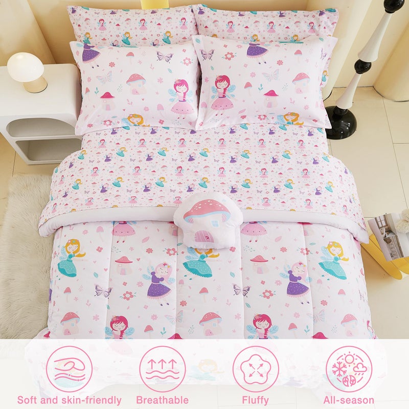 Mooreeke Full Size Comforter Sets for Girls Kids, 8 Pieces Bed in a Bag Pink Fairy Bedding Comforter Sheet Set with Shams and Decorative Toy Pillow, Ultral Soft Microfiber Kids Bed Set - Image 5