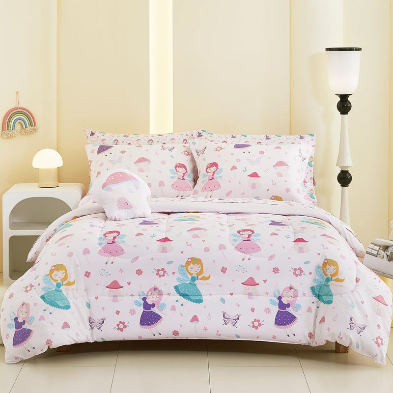 Mooreeke Full Size Comforter Sets for Girls Kids, 8 Pieces Bed in a Bag Pink Fairy Bedding Comforter Sheet Set with Shams and Decorative Toy Pillow, Ultral Soft Microfiber Kids Bed Set - Image 1