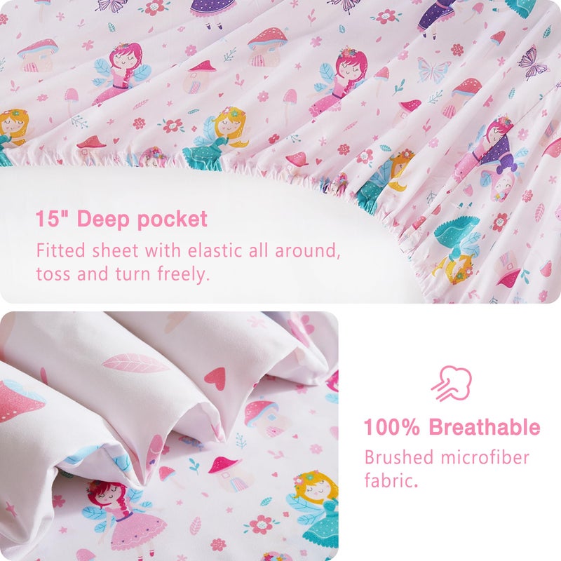 Mooreeke Full Size Comforter Sets for Girls Kids, 8 Pieces Bed in a Bag Pink Fairy Bedding Comforter Sheet Set with Shams and Decorative Toy Pillow, Ultral Soft Microfiber Kids Bed Set - Image 4