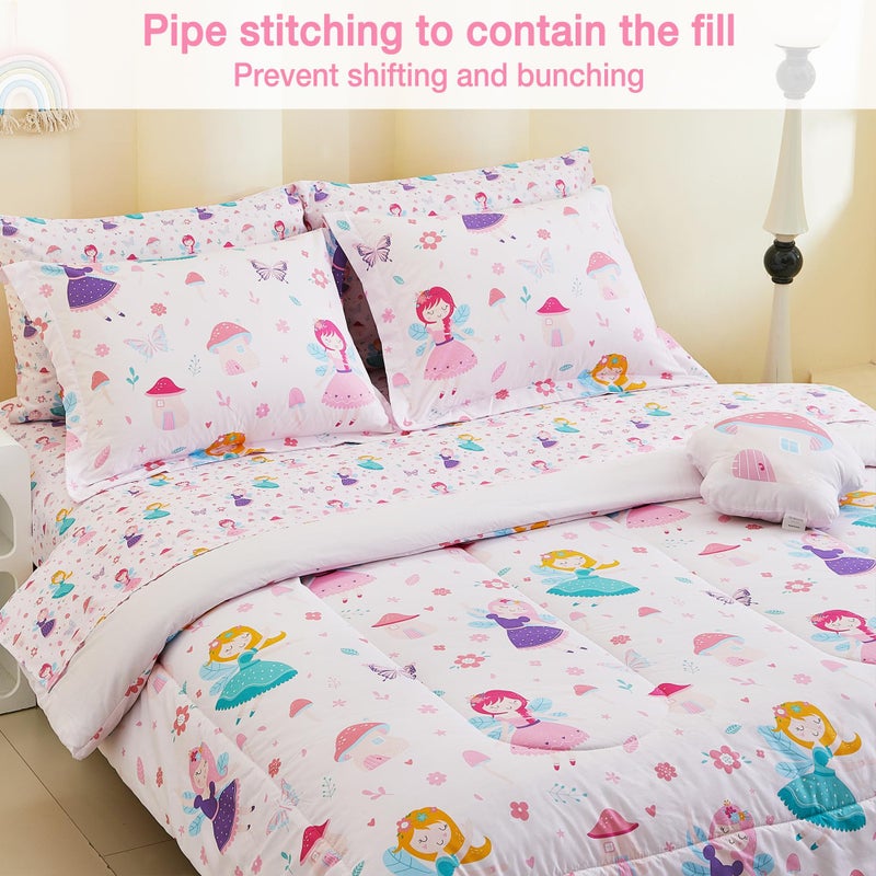 Mooreeke Full Size Comforter Sets for Girls Kids, 8 Pieces Bed in a Bag Pink Fairy Bedding Comforter Sheet Set with Shams and Decorative Toy Pillow, Ultral Soft Microfiber Kids Bed Set - Image 2