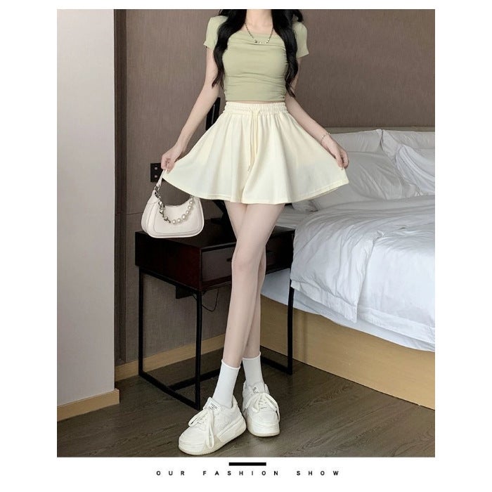 Summer Japanese Style Lazy Wide Leg Palazzo Skirt Shorts Apricot - Image 1