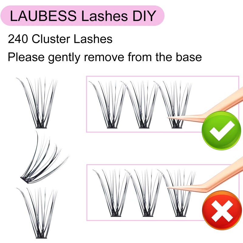 LAUBESS Cluster Lashes 240pcs 20D DIY Eyelash Extension D Curl Long Individual Lashes Mixed Tray Faux Mink Lash Clusters Extensions 0.07 0.10 Black (20D-0.07D-9-16mm) - Image 3