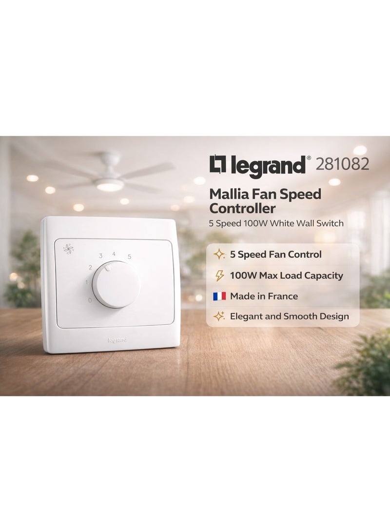 Legrand Mallia - 281082 - Fan Speed Controller 5 Speed 100W White Wall Switch | Smooth Fan Regulator Control Elegant Design Dimmer -  Made in France - Image 2