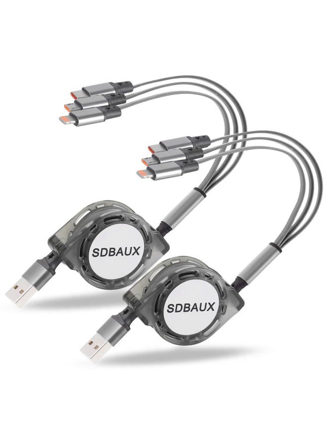 SDBAUX 2Pack Multi USB Charger Cable Retractable 3 in 1 Multiple Charging Cord Adapter with Mini Type C Micro USB Port Connectors Compatible with Cell Phones Tablets Universal Use (3.3ft/Gray) - Image 1