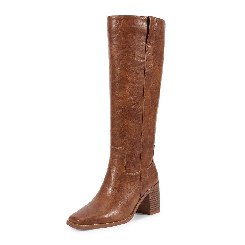 ISNOM Brown Womens Knee High Boots with Chunky Heel Tall Brown Riding Boots with Zipper Casual Dress Retro Style - Image 1