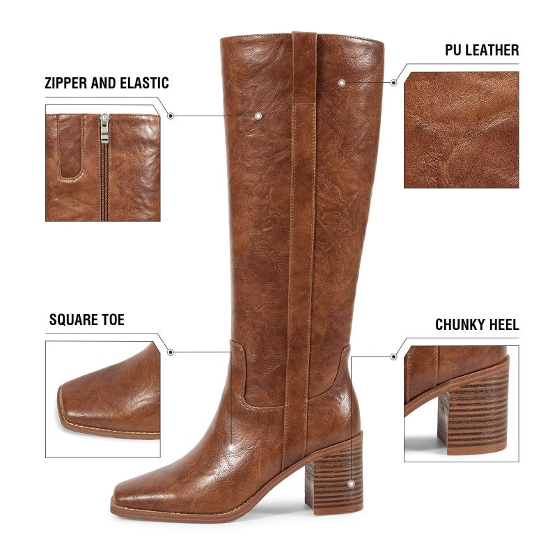 ISNOM Brown Womens Knee High Boots with Chunky Heel Tall Brown Riding Boots with Zipper Casual Dress Retro Style - Image 5