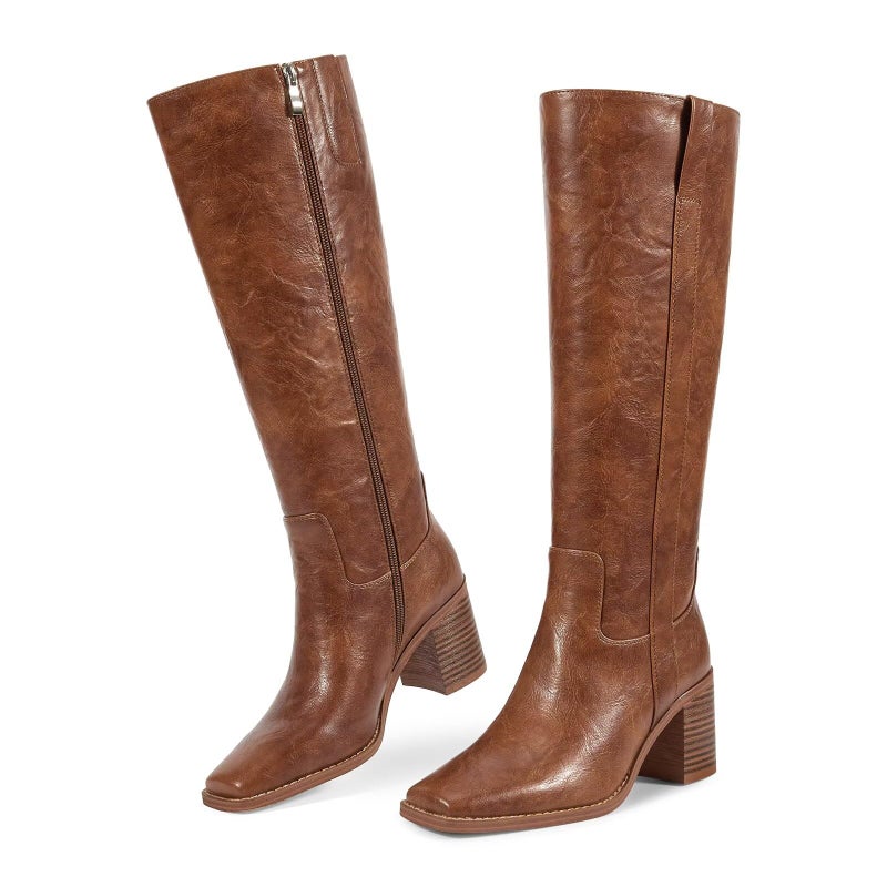 ISNOM Brown Womens Knee High Boots with Chunky Heel Tall Brown Riding Boots with Zipper Casual Dress Retro Style - Image 4