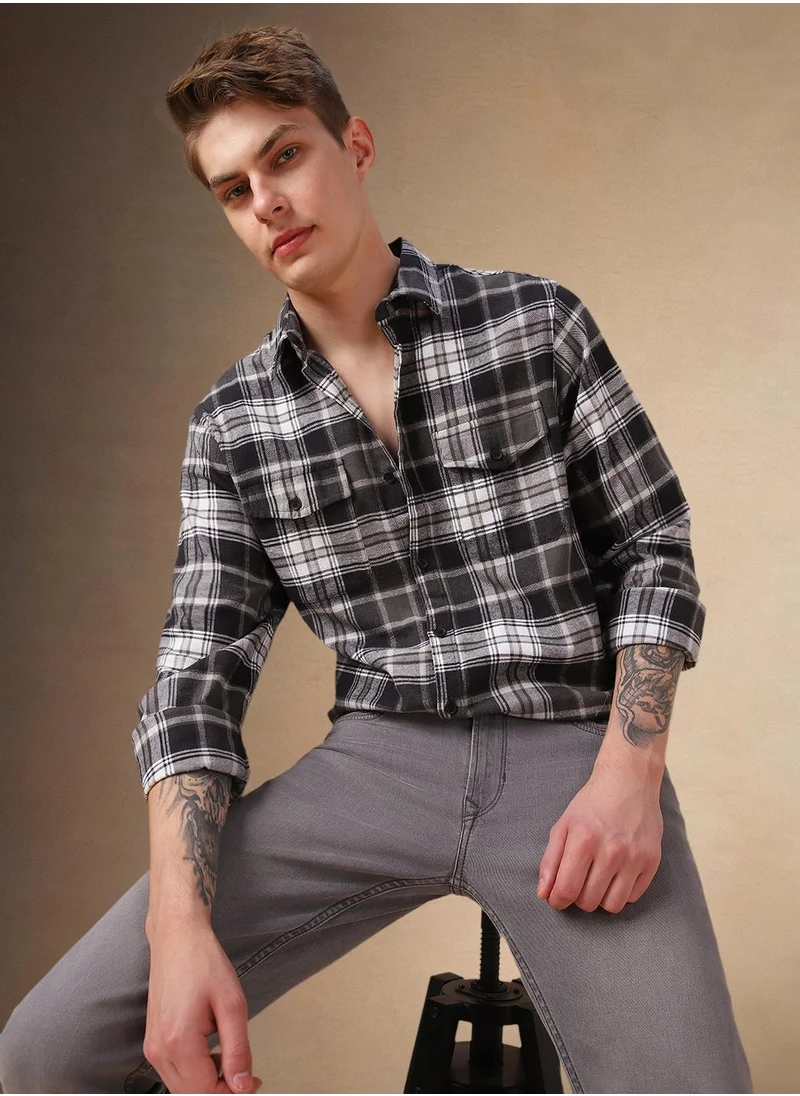 Dennis Lingo Men's Black 100% Cotton Checkered Shirt