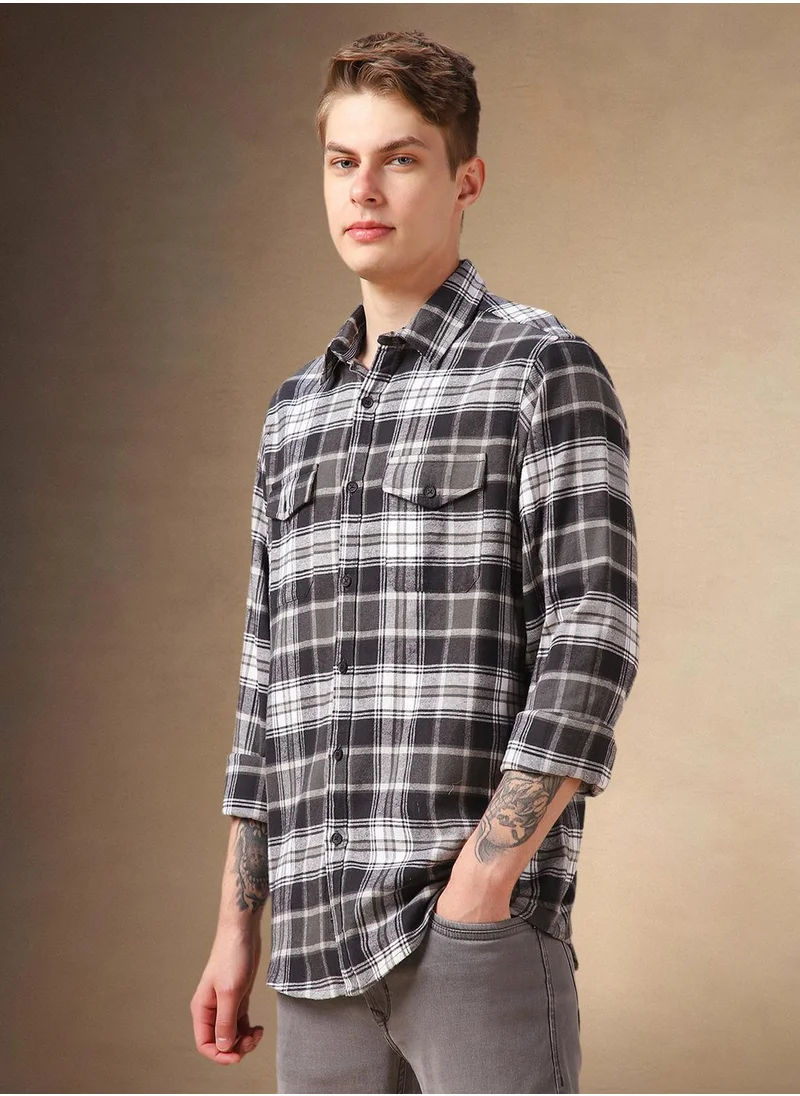 Dennis Lingo Men's Black 100% Cotton Checkered Shirt
