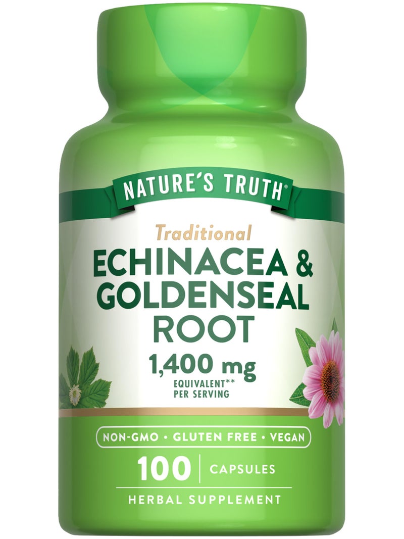 Echinacea Goldenseal Capsules 1400mg 100 Count Vegan NonGMO Gluten Free Supplement Herbal Support Complex
