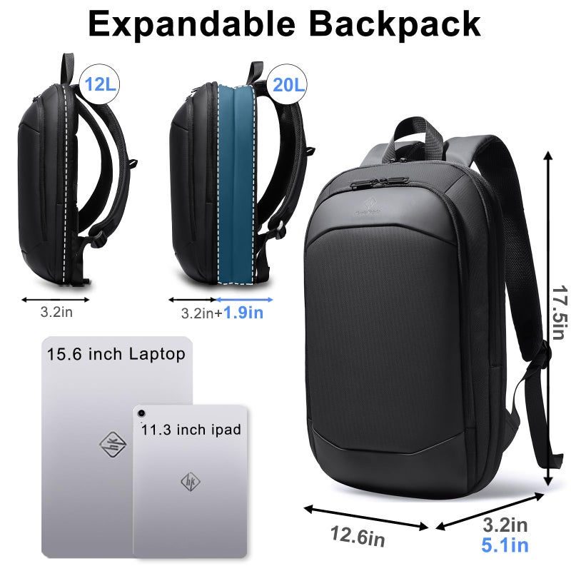 hk Slim Laptop Backpack, Lightweight Expandable High-Tech Business Work Backpack for Men Women,15.6 Inch Anti-theft Waterproof Travel Backpack Durable College Casual Daypack Computer Laptop Bag-Black - Image 3