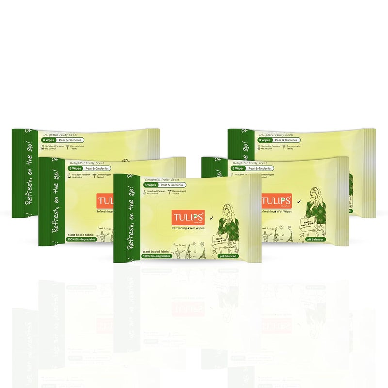 TulipsBiodegradable Refreshing Pocket Wipes Compact Care for OntheGo Momentsdelightful scentgentle and safe for all skin typesPear Gardenia Pack of 5 8 wipes in a pack - Image 1