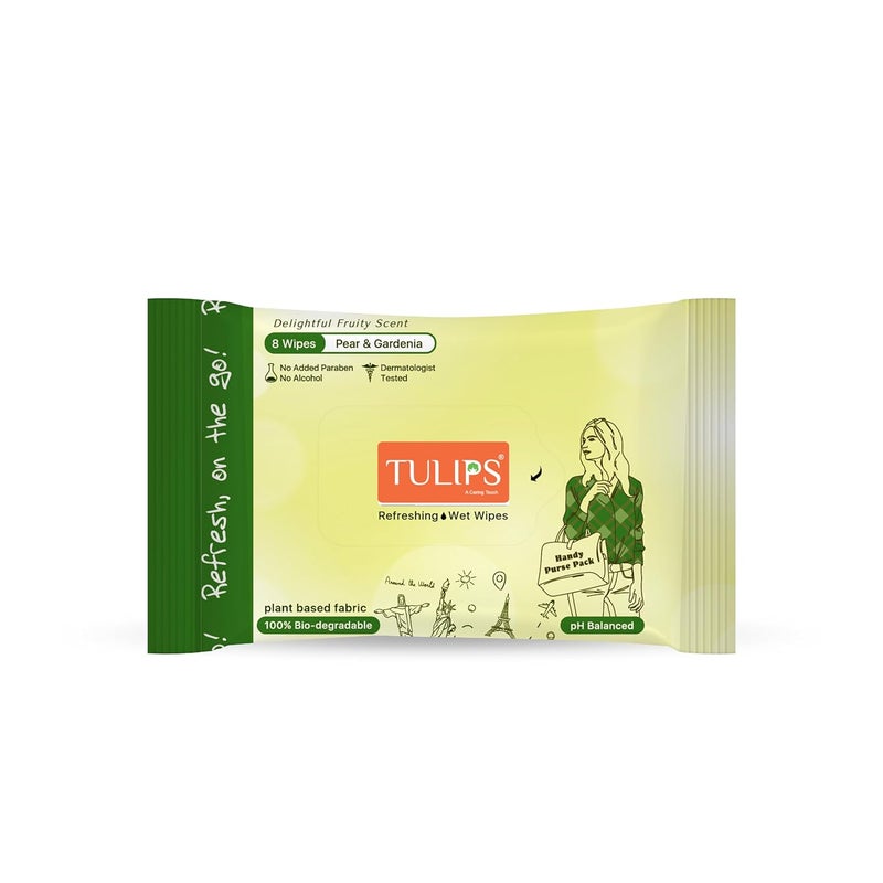 TulipsBiodegradable Refreshing Pocket Wipes Compact Care for OntheGo Momentsdelightful scentgentle and safe for all skin typesPear Gardenia Pack of 5 8 wipes in a pack - Image 2