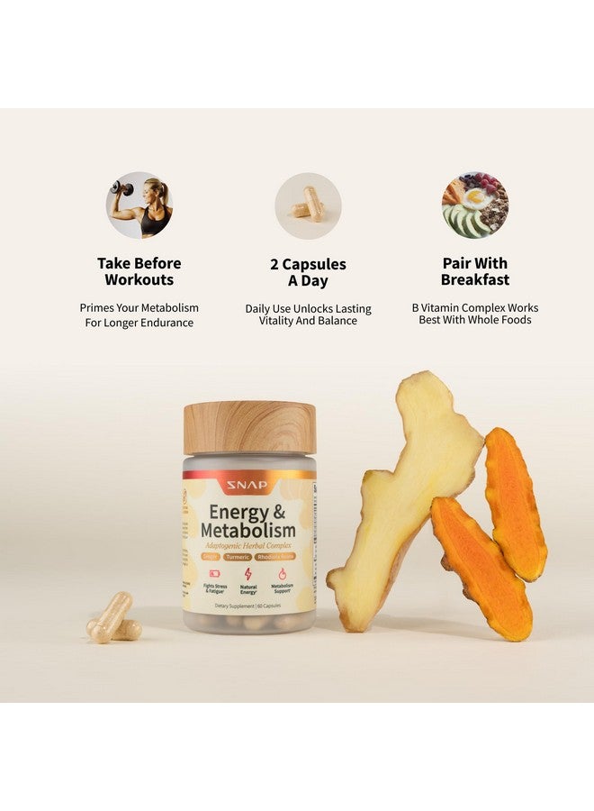 SNAP SUPPLEMENTS Metabolism and Natural Energy Supplements for Fatigue, Stress Relief, Energy Booster & Better Mood, Energy Pills for Women & Men, Ginger, Turmeric, Rhodiola Rosea, 60 Capsules - Image 2