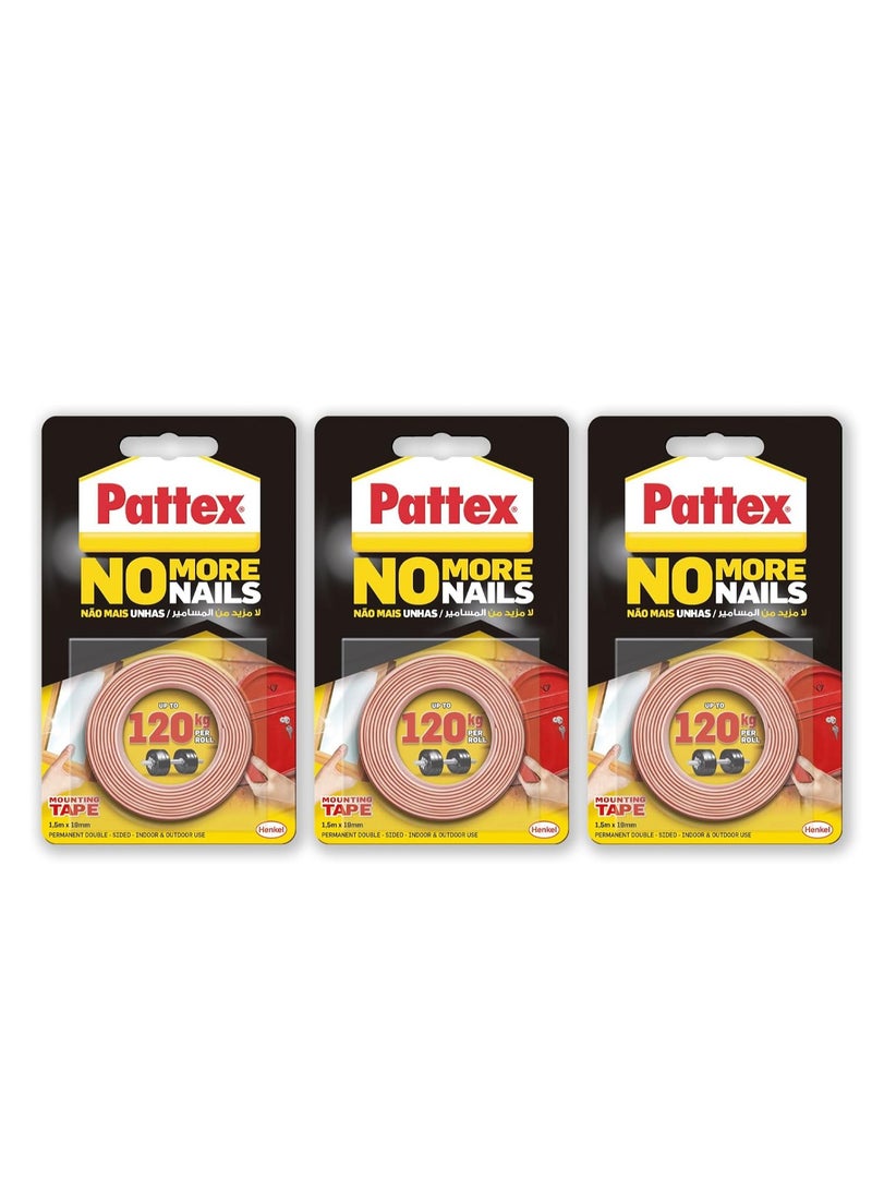 Pattex No More Nails Mounting Tape | All Purpose Double-Sided Foam Tape | Compatible with Mirror, Metal, Wood, Bricks, Stone, Tiles & More | Capacity: Upto 120kg/ Roll | 19mm x 1.5m Roll (Pack of 3) - Image 1