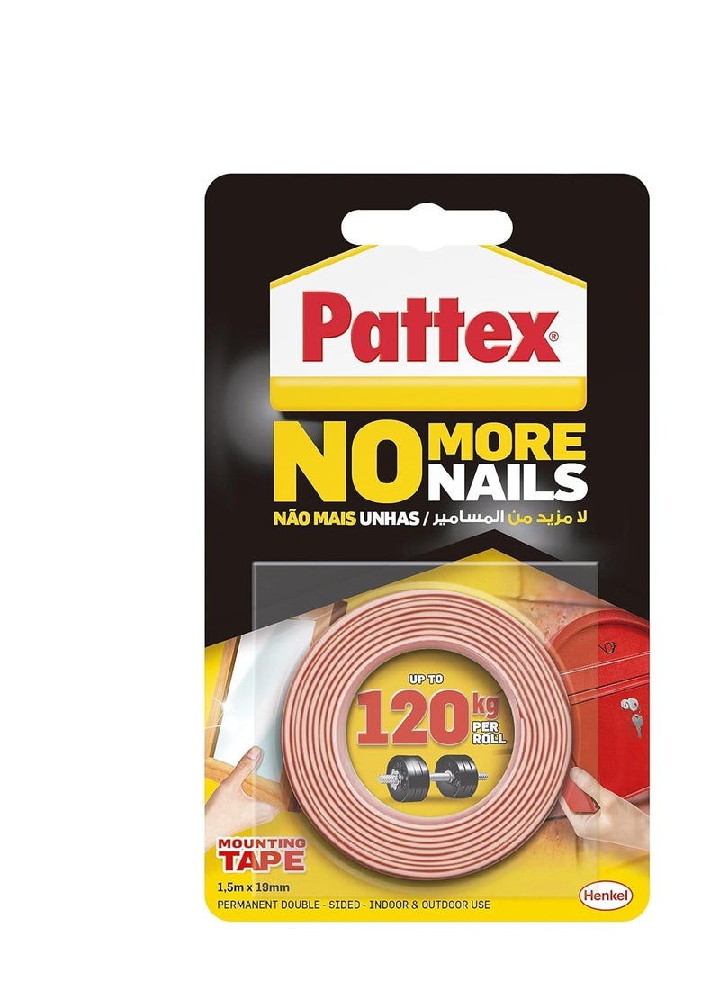 Pattex No More Nails Mounting Tape | All Purpose Double-Sided Foam Tape | Compatible with Mirror, Metal, Wood, Bricks, Stone, Tiles & More | Capacity: Upto 120kg/ Roll | 19mm x 1.5m Roll (Pack of 3) - Image 2