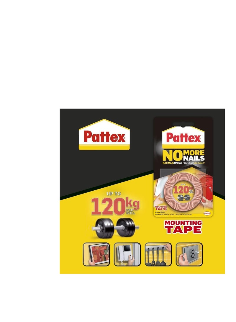 Pattex No More Nails Mounting Tape | All Purpose Double-Sided Foam Tape | Compatible with Mirror, Metal, Wood, Bricks, Stone, Tiles & More | Capacity: Upto 120kg/ Roll | 19mm x 1.5m Roll (Pack of 3) - Image 4