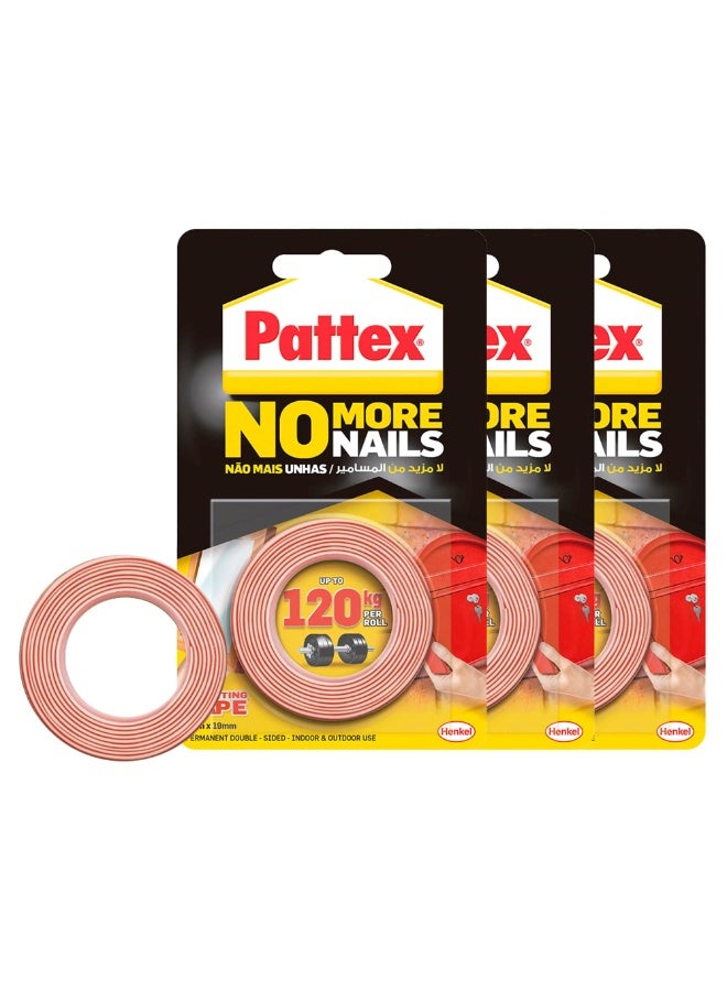 Pattex No More Nails Mounting Tape | All Purpose Double-Sided Foam Tape | Compatible with Mirror, Metal, Wood, Bricks, Stone, Tiles & More | Capacity: Upto 120kg/ Roll | 19mm x 1.5m Roll (Pack of 3) - Image 1